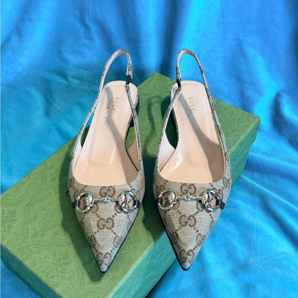 Gucci Brown GG Canvas Pointed Slingback Flats with Horsebit